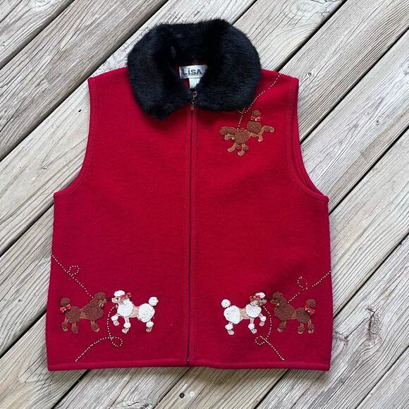 Lisa International Women's Vintage Red Poodles Vest Zip Front Size L - Picture 1 of 10